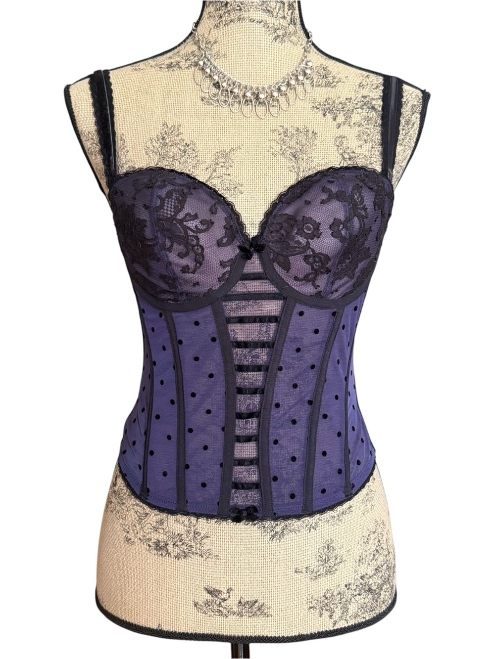 Y2K Polka Dot Purple Lace Bustier Corset Size 34B